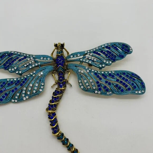 Dragonfly Brooch Articulated Tail Blue Teal Rhinestones Statement 5 inch wide - Picture 3 of 16